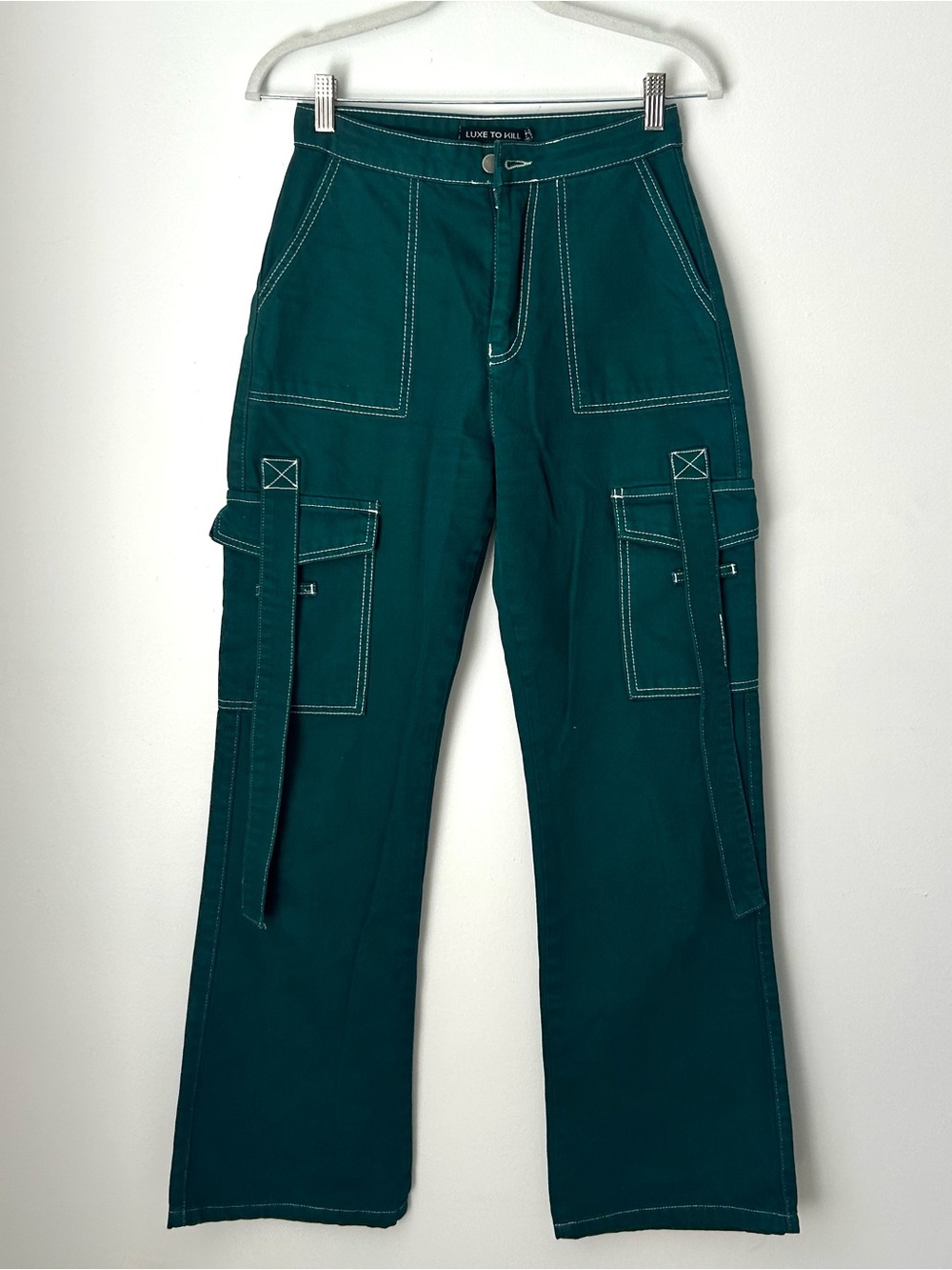 Luxe To Kill Cargo Wide Leg Jeans w. Contrast Stitch and Straps - Teal, Size 0